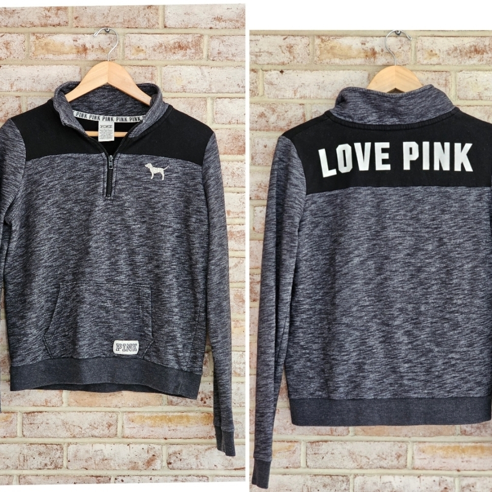 Victoria's Secret PINK Sweatshirt Women’s S Black Logo Quarter Zip Pullover